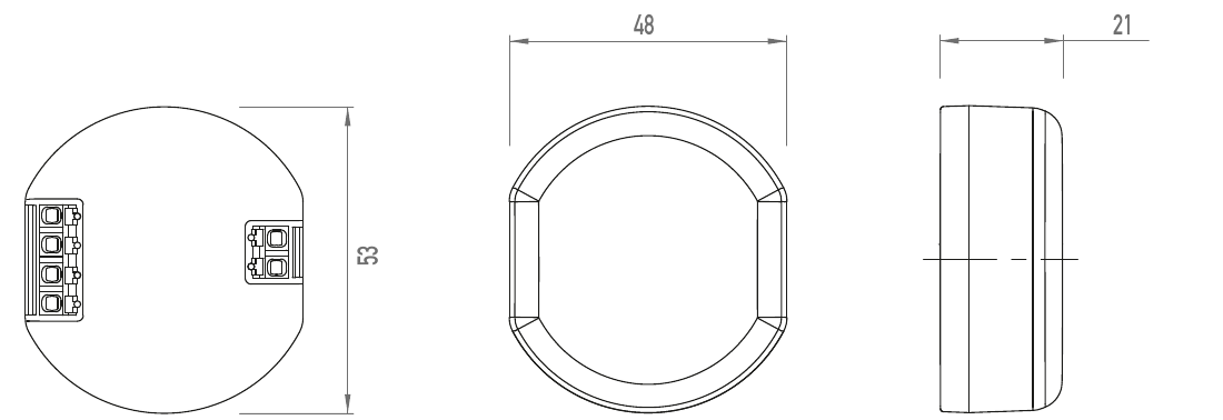Dimension drawing: 53 mm diameter, 48 mm width, 21 mm depth