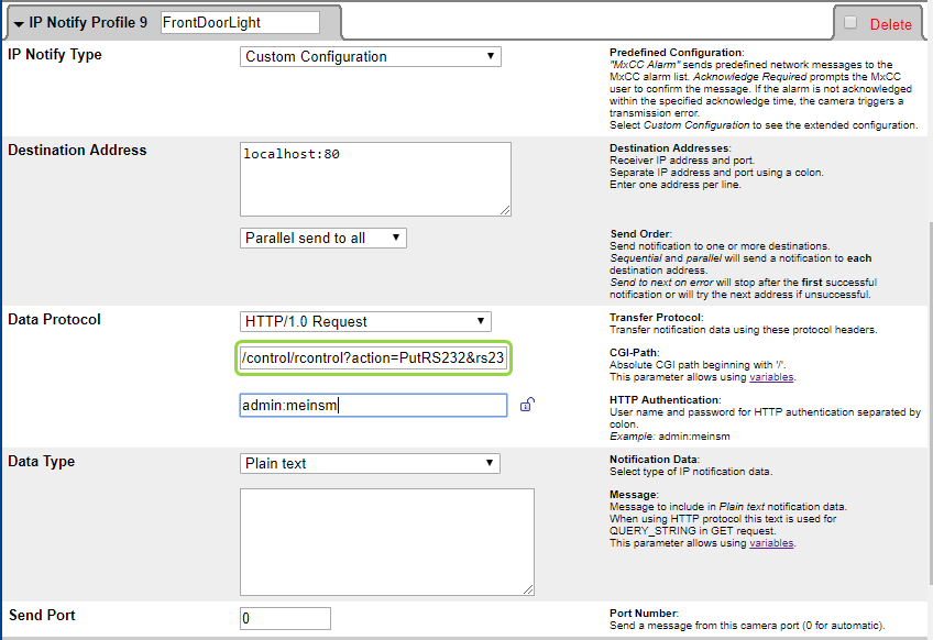 Network message FrontDoorLight — transfer profile with CGI path