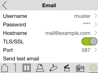 frogDisplay Email settings screen showing Hostname, TLS/SSL, Port 587 and Send test email