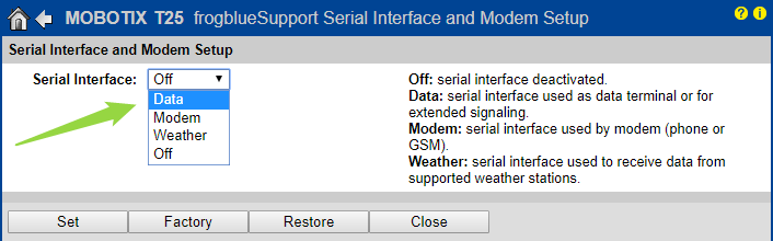 Serial Interface and Modem Setup — select Data operating mode