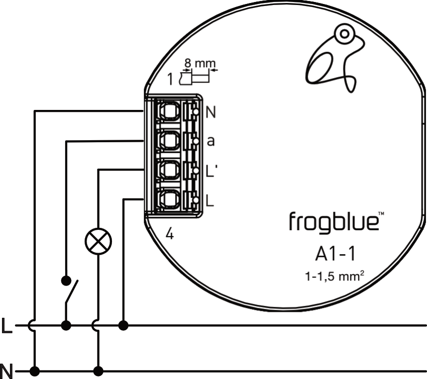 Connection example: terminals N, a, L', L with switch and lamp connected to mains L/N