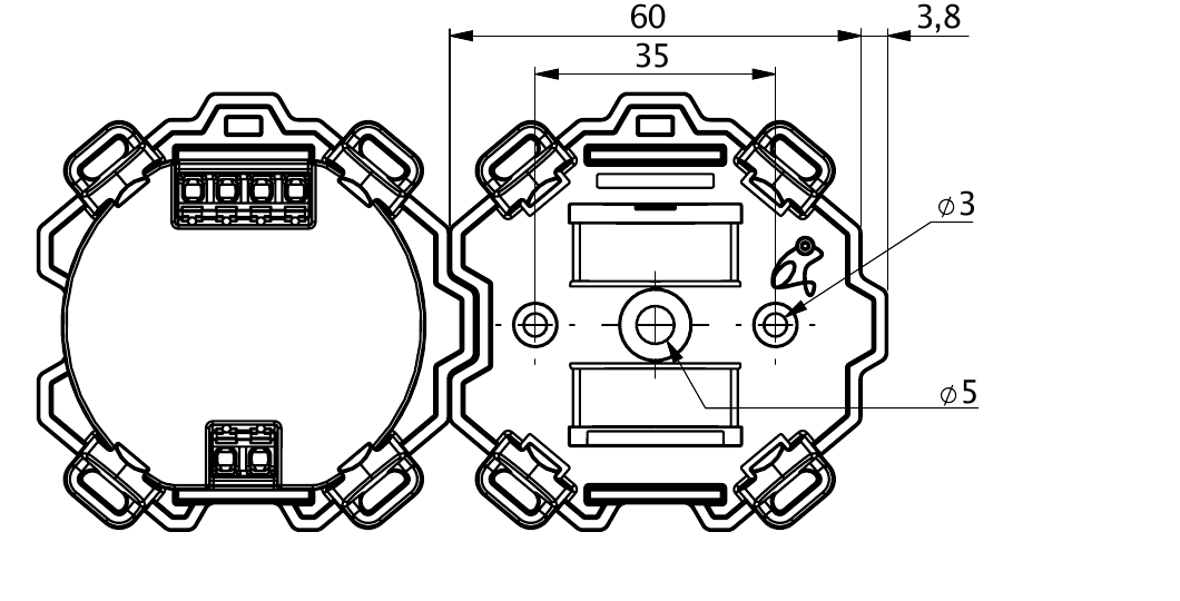 Dimension drawing, front and rear view: fixing centres 60 mm and 35 mm, rail clearance 3,8 mm, holes Ø 3 and Ø 5 mm