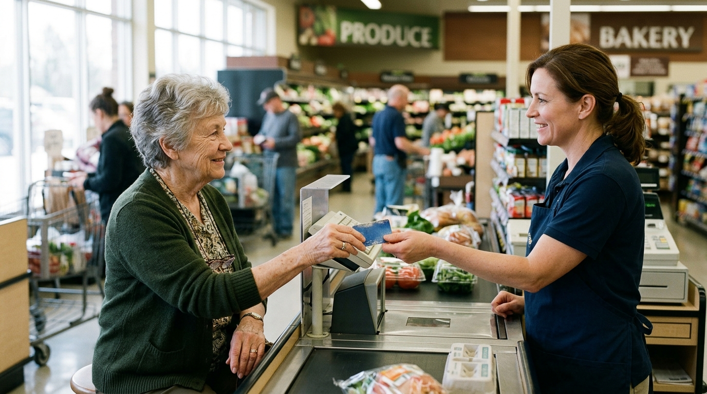 An older woman handing a loyalty card to a cashier at a grocery store checkout.