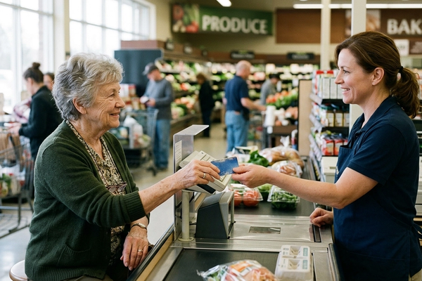 An older woman handing a loyalty card to a cashier at a grocery store checkout.
