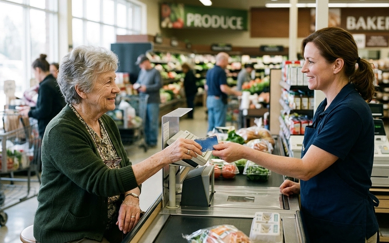 An older woman handing a loyalty card to a cashier at a grocery store checkout.