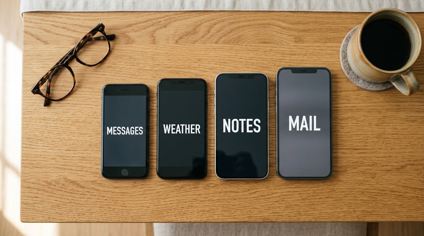 Four smartphones of increasing screen size laid out in a row on a wooden table beside reading glasses and a cup of coffee.