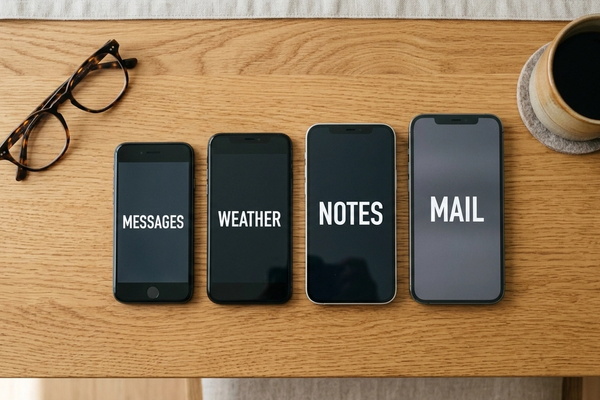 Four smartphones of increasing screen size laid out in a row on a wooden table beside reading glasses and a cup of coffee.
