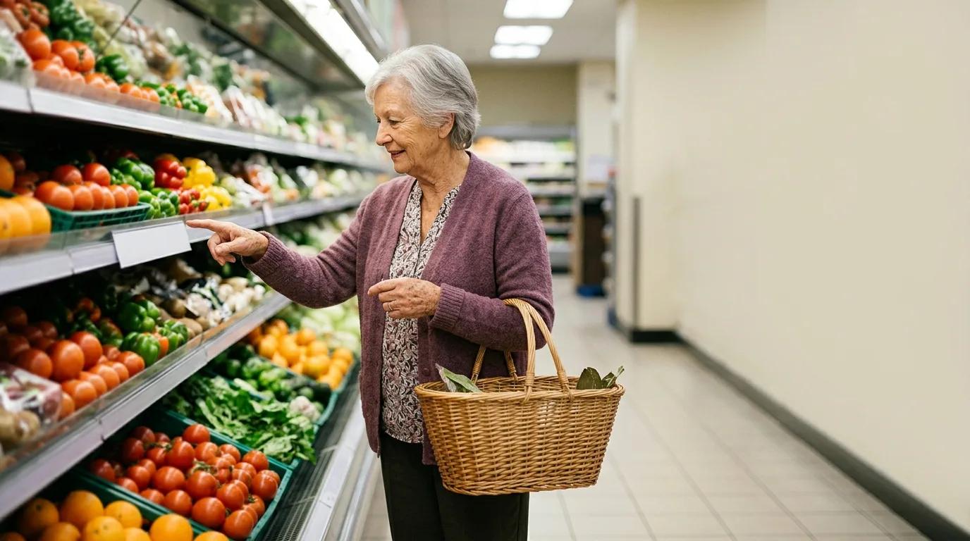 An older woman with a shopping basket reading a shelf label in a supermarket produce aisle.