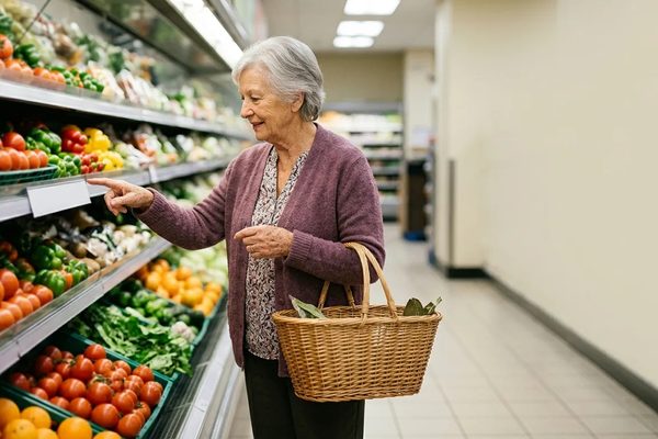 An older woman with a shopping basket reading a shelf label in a supermarket produce aisle.