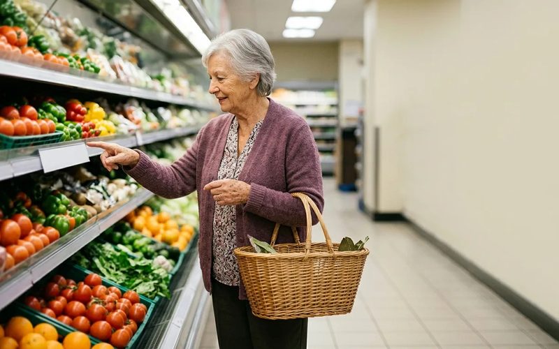 An older woman with a shopping basket reading a shelf label in a supermarket produce aisle.