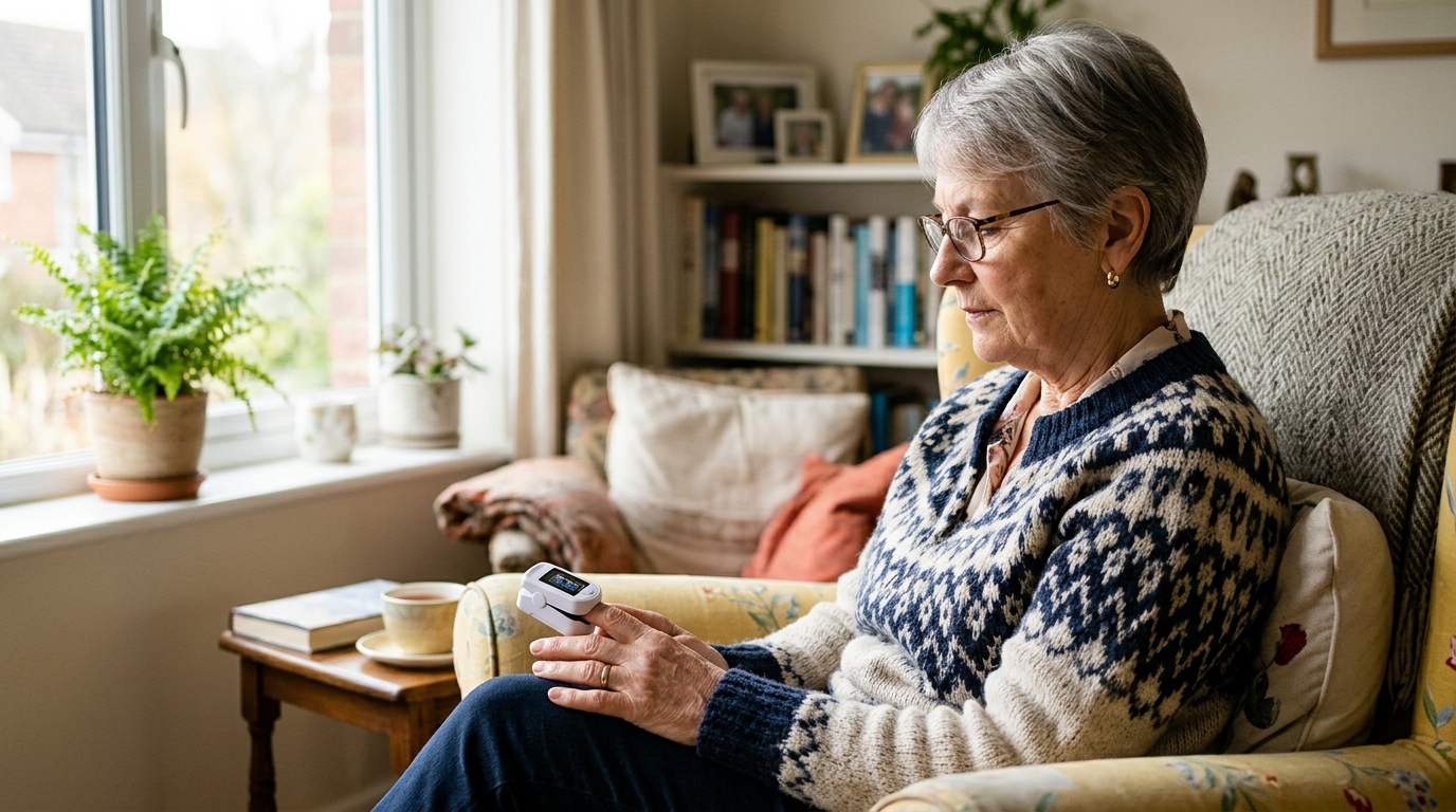 An older woman checking her blood oxygen with a fingertip pulse oximeter clipped to her index finger.