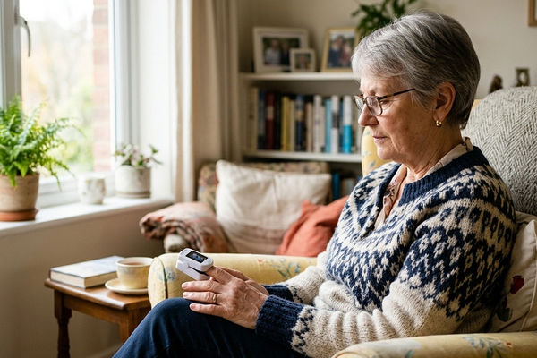 An older woman checking her blood oxygen with a fingertip pulse oximeter clipped to her index finger.