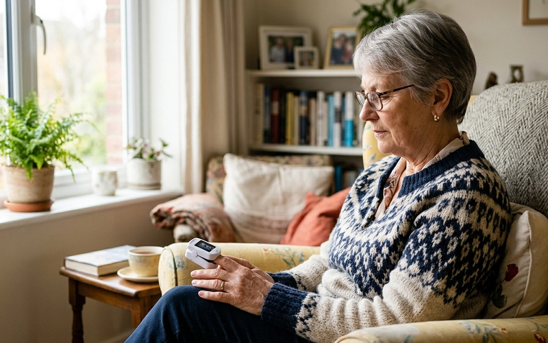 An older woman checking her blood oxygen with a fingertip pulse oximeter clipped to her index finger.