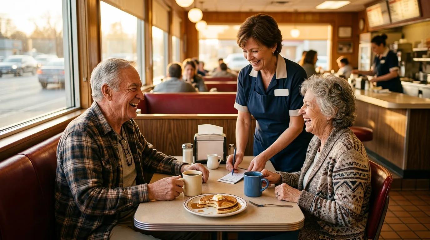 An older couple laughing over coffee and pancakes in a diner booth as a server writes down their check.