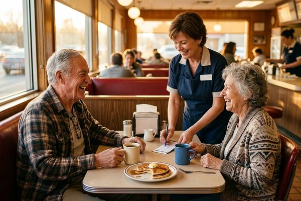 An older couple laughing over coffee and pancakes in a diner booth as a server writes down their check.