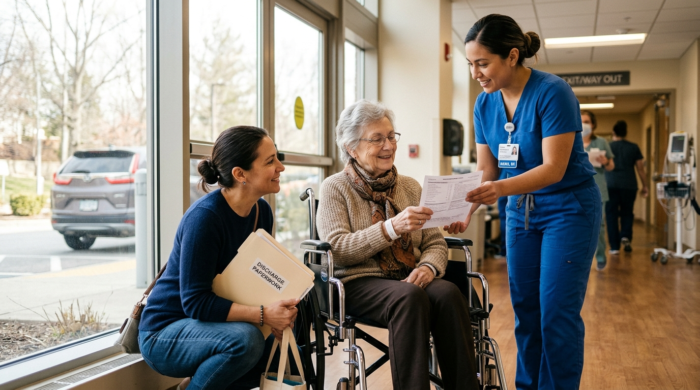 An adult daughter and a nurse help an older woman in a wheelchair review her discharge paperwork near a hospital exit.
