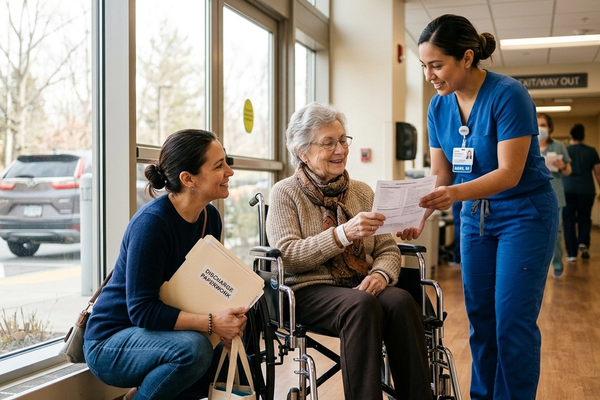 An adult daughter and a nurse help an older woman in a wheelchair review her discharge paperwork near a hospital exit.