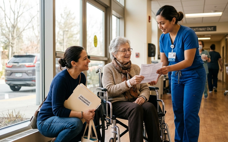 An adult daughter and a nurse help an older woman in a wheelchair review her discharge paperwork near a hospital exit.