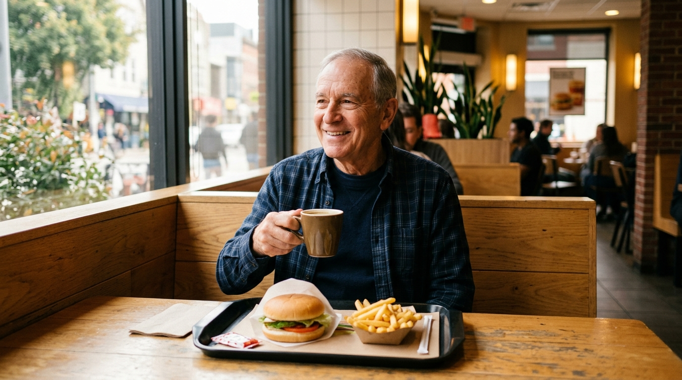 A smiling older man enjoying coffee, a burger, and fries in a bright casual fast-food restaurant booth.