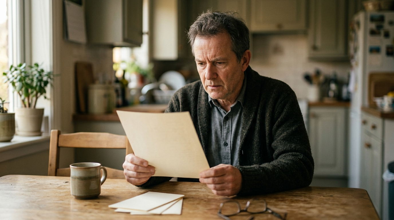 An older adult in their late fifties at a kitchen table reading a benefits letter, with a coffee mug, papers, and reading glasses nearby.