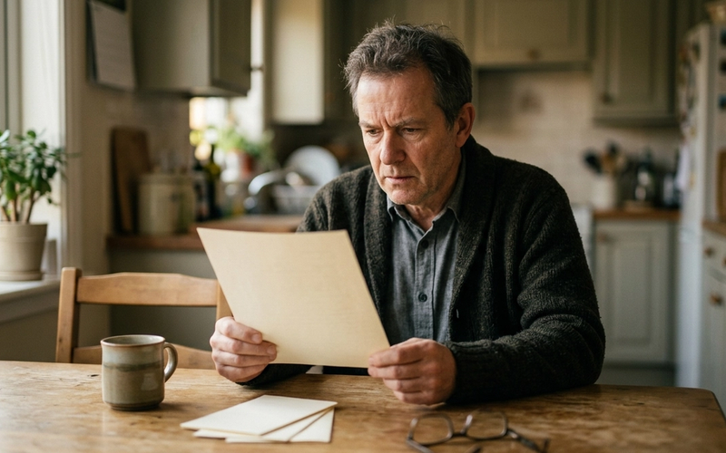 An older adult in their late fifties at a kitchen table reading a benefits letter, with a coffee mug, papers, and reading glasses nearby.