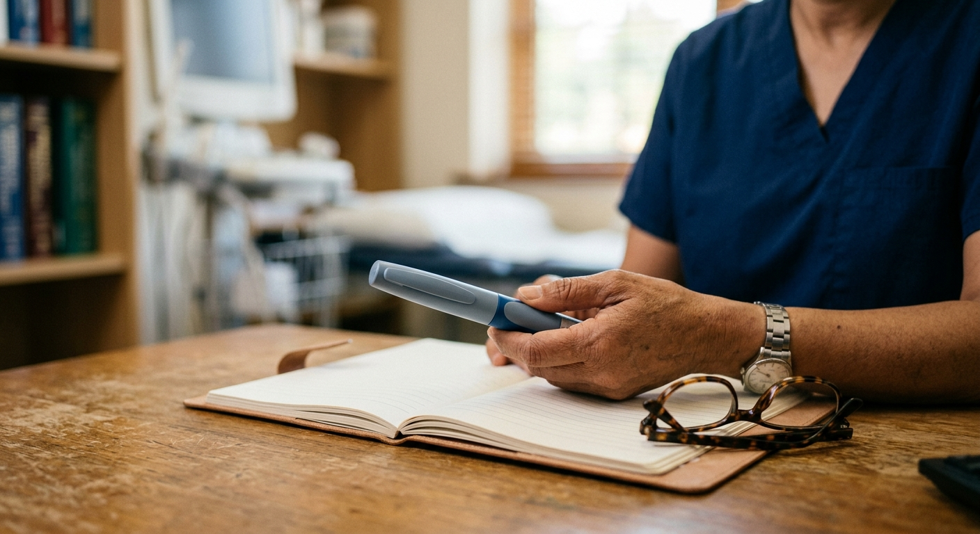 A doctor holding an injectable medication pen over a notebook and reading glasses in a clinical setting