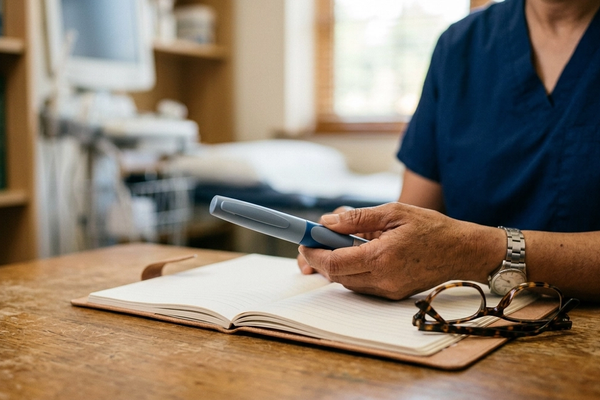 A doctor holding an injectable medication pen over a notebook and reading glasses in a clinical setting