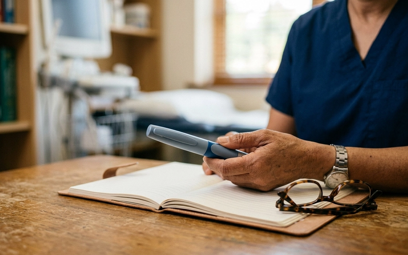 A doctor holding an injectable medication pen over a notebook and reading glasses in a clinical setting