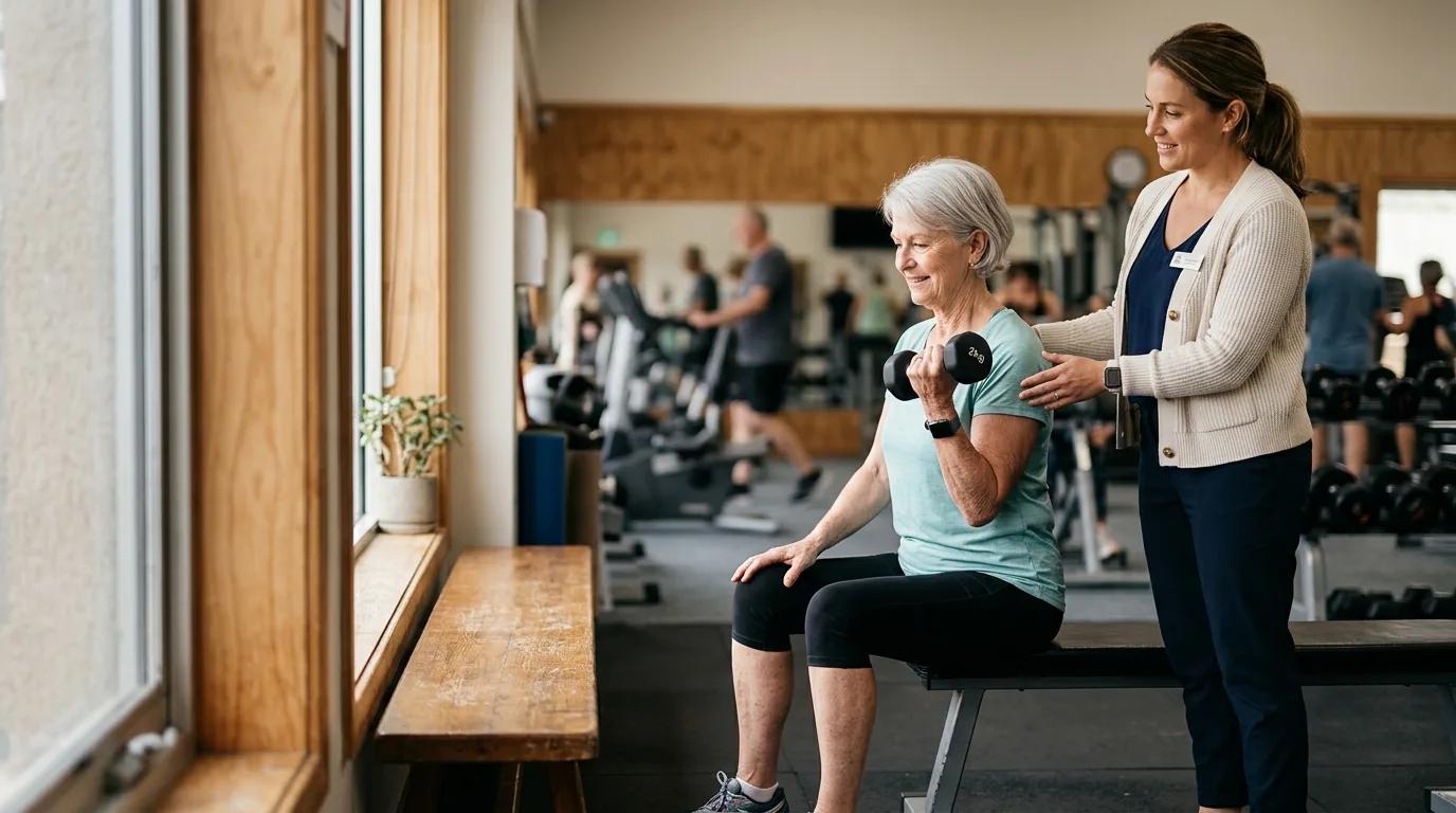 An older woman lifting a light dumbbell on a gym bench while a physiotherapist steadies her shoulder.