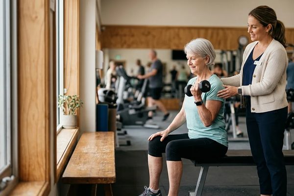 An older woman lifting a light dumbbell on a gym bench while a physiotherapist steadies her shoulder.