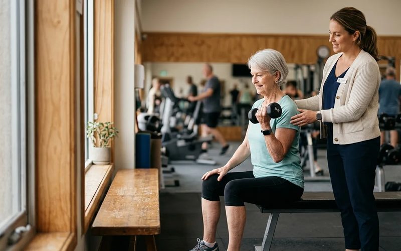 An older woman lifting a light dumbbell on a gym bench while a physiotherapist steadies her shoulder.