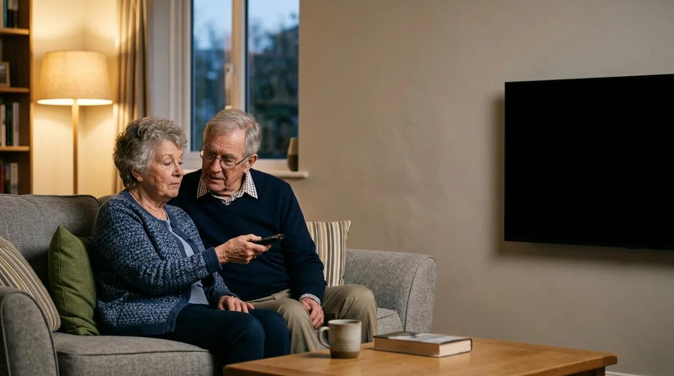 An older couple on a sofa looking at a television remote together, a blank wall-mounted screen beside them.