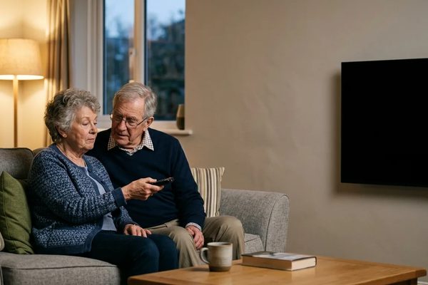 An older couple on a sofa looking at a television remote together, a blank wall-mounted screen beside them.
