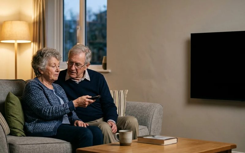 An older couple on a sofa looking at a television remote together, a blank wall-mounted screen beside them.