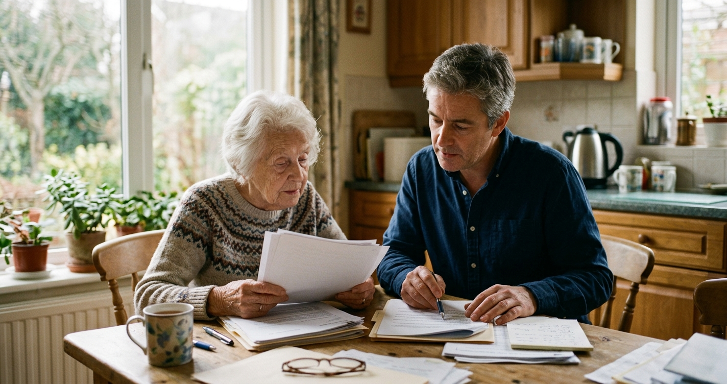 An elderly woman and her adult son reviewing legal documents together at a kitchen table