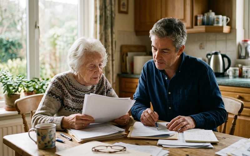 An elderly woman and her adult son reviewing legal documents together at a kitchen table