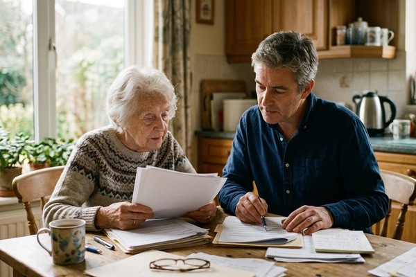 An elderly woman and her adult son reviewing legal documents together at a kitchen table