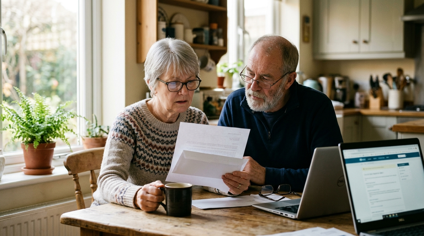 A couple in their early sixties at a kitchen table reviewing a health insurance renewal notice next to a laptop.