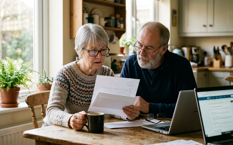 A couple in their early sixties at a kitchen table reviewing a health insurance renewal notice next to a laptop.