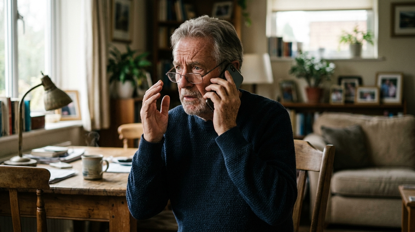 A cautious older man holding a phone with a wary expression, hesitating during a suspicious call.