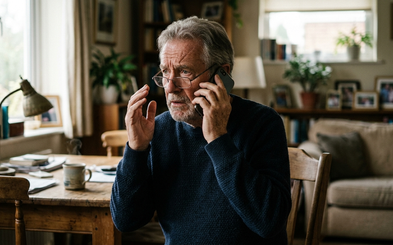 A cautious older man holding a phone with a wary expression, hesitating during a suspicious call.
