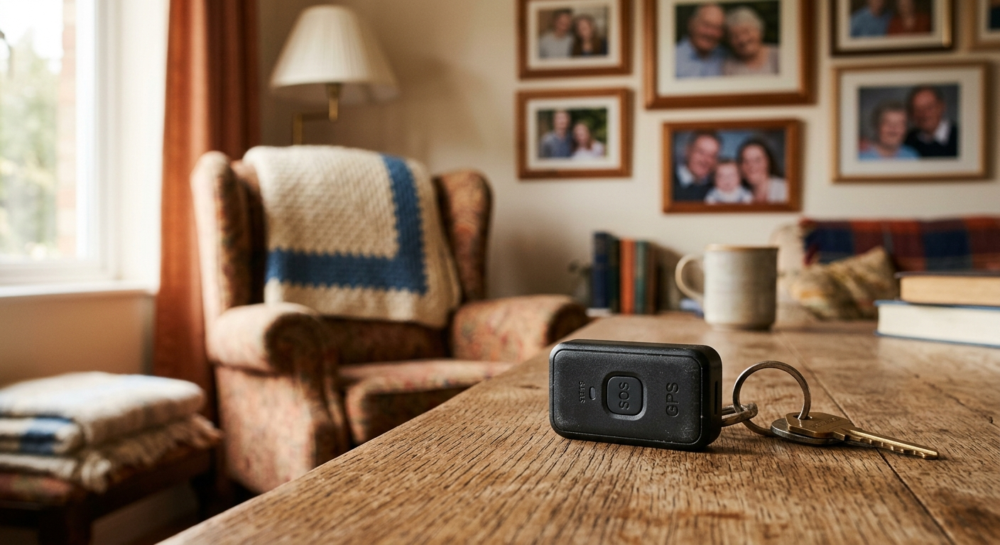 Small GPS tracker device on a wooden table in a cozy senior living room with family photos