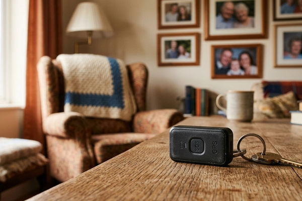 Small GPS tracker device on a wooden table in a cozy senior living room with family photos