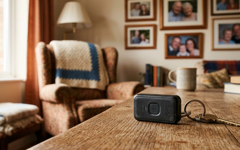 Small GPS tracker device on a wooden table in a cozy senior living room with family photos