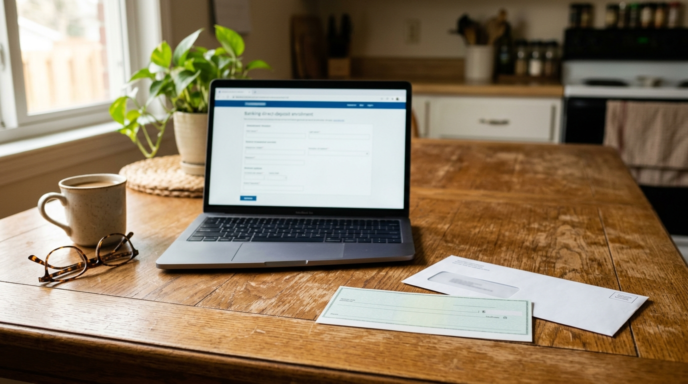 A Social Security benefit check and envelope on a kitchen table next to a laptop showing a bank direct deposit setup screen.