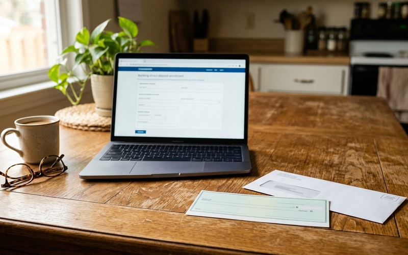 A Social Security benefit check and envelope on a kitchen table next to a laptop showing a bank direct deposit setup screen.