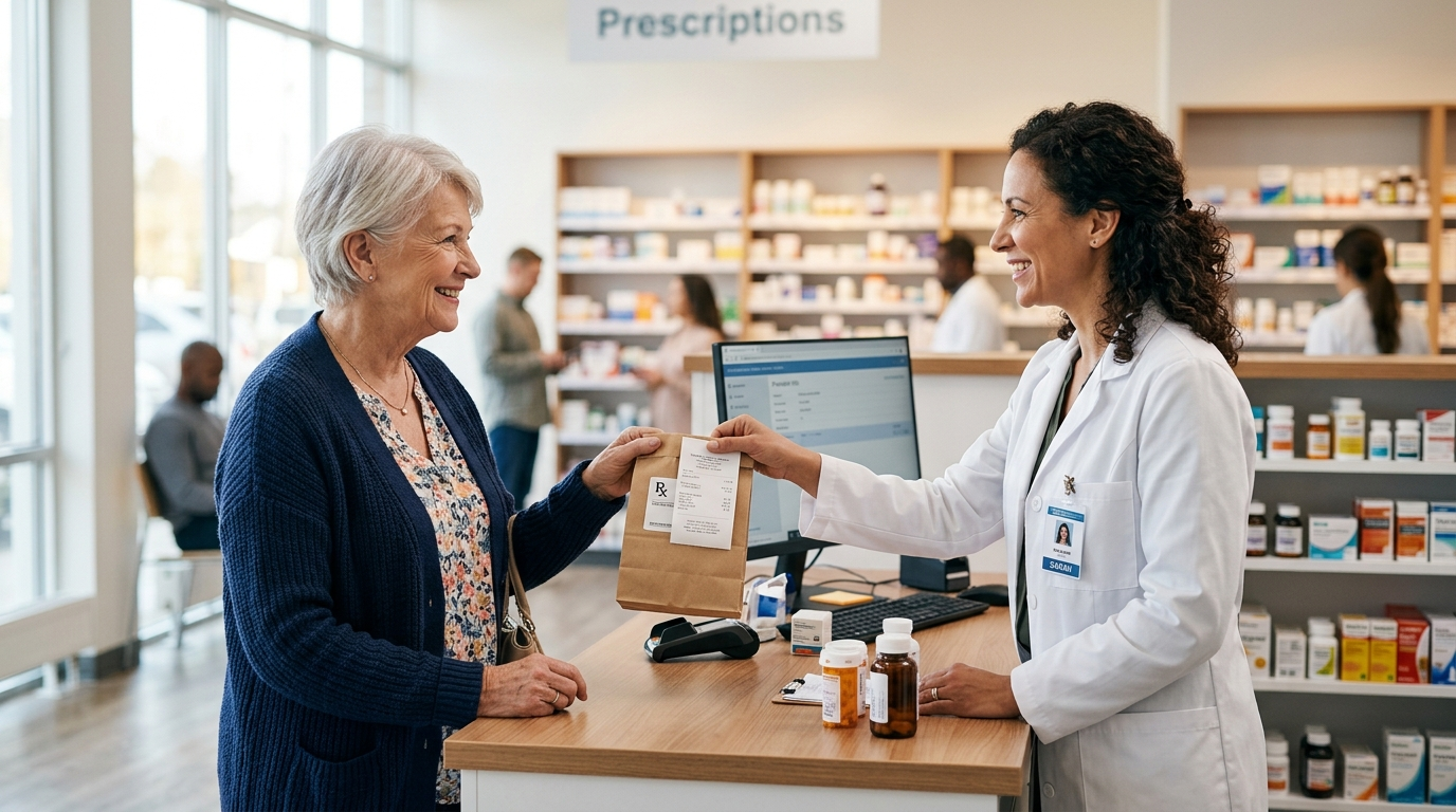 A senior woman at a pharmacy counter reviewing a prescription with a pharmacist.
