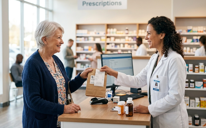 A senior woman at a pharmacy counter reviewing a prescription with a pharmacist.