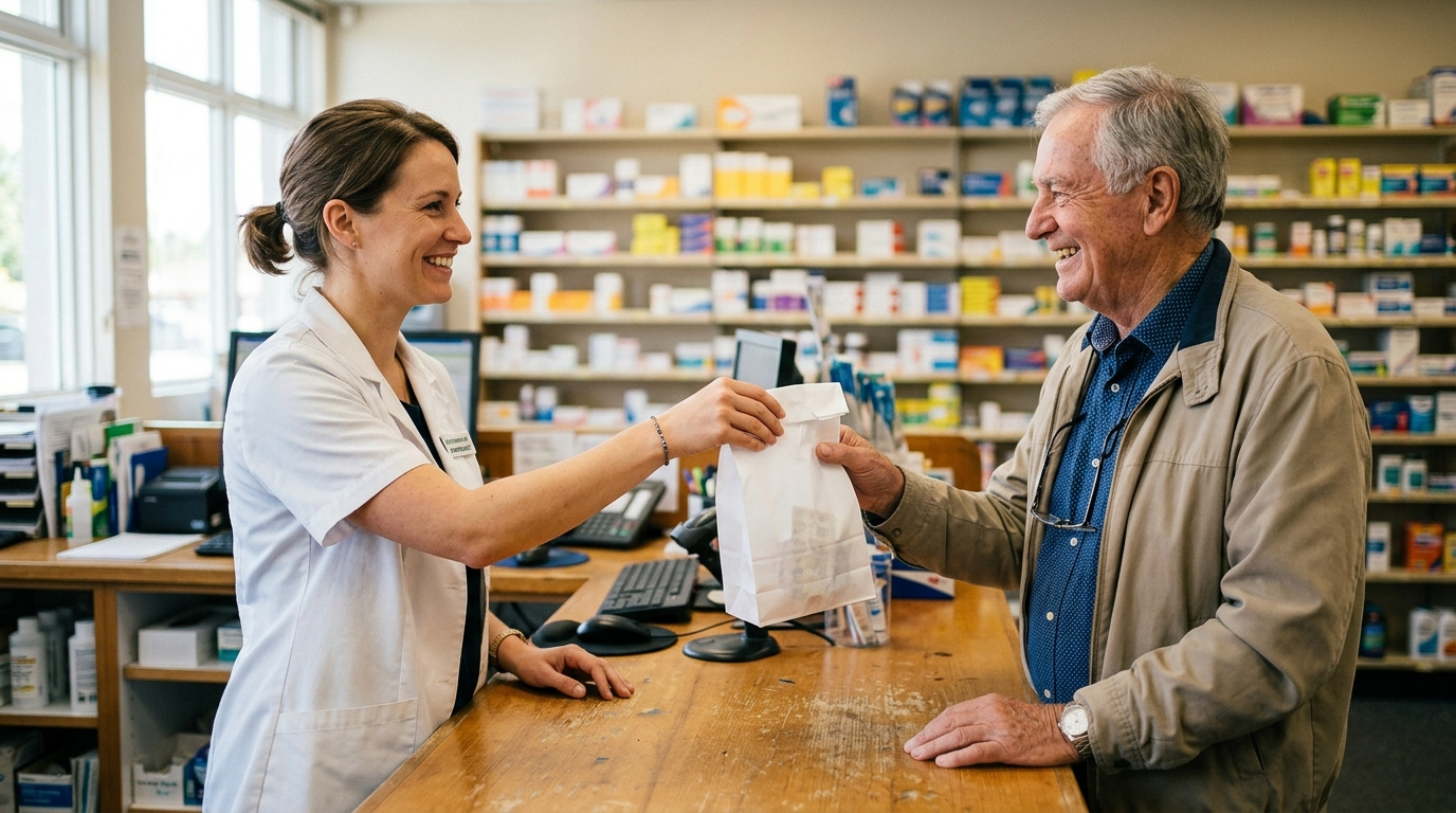 A pharmacist handing a prescription bag to an older man at a pharmacy counter.