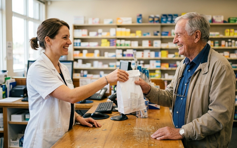 A pharmacist handing a prescription bag to an older man at a pharmacy counter.